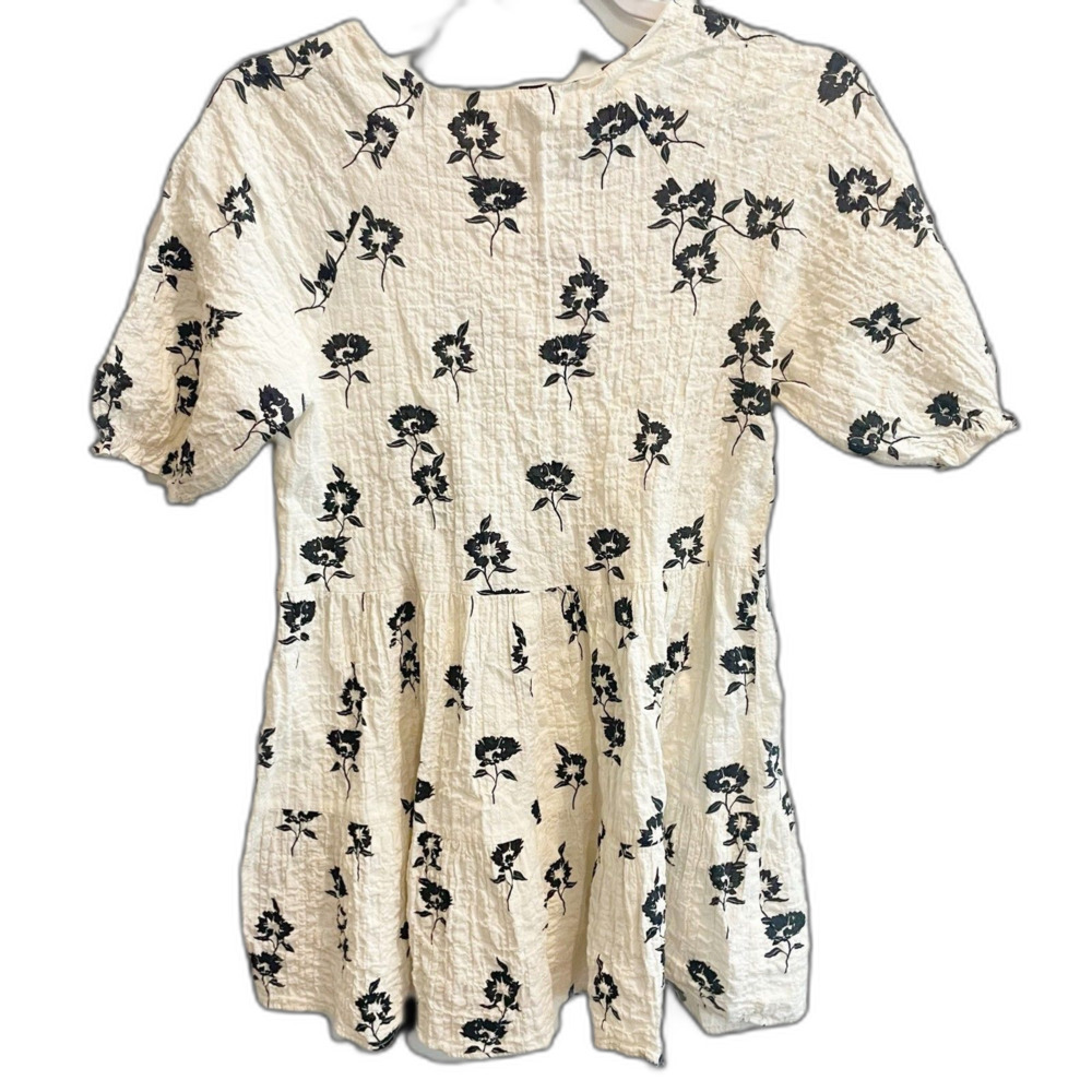 ZARA Floral Textured Babydoll Dress Puff Sleeve Mini White Black 13-14 Girls